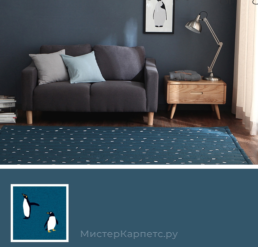 Синий стеганный ковер с пингвинами Tac-tac