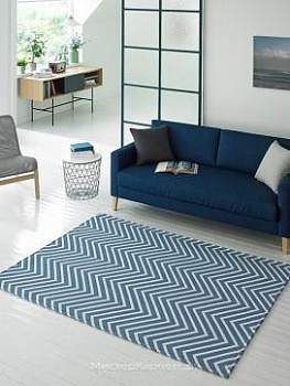 Сине-белый ковер без ворса с зигзагом Ripple